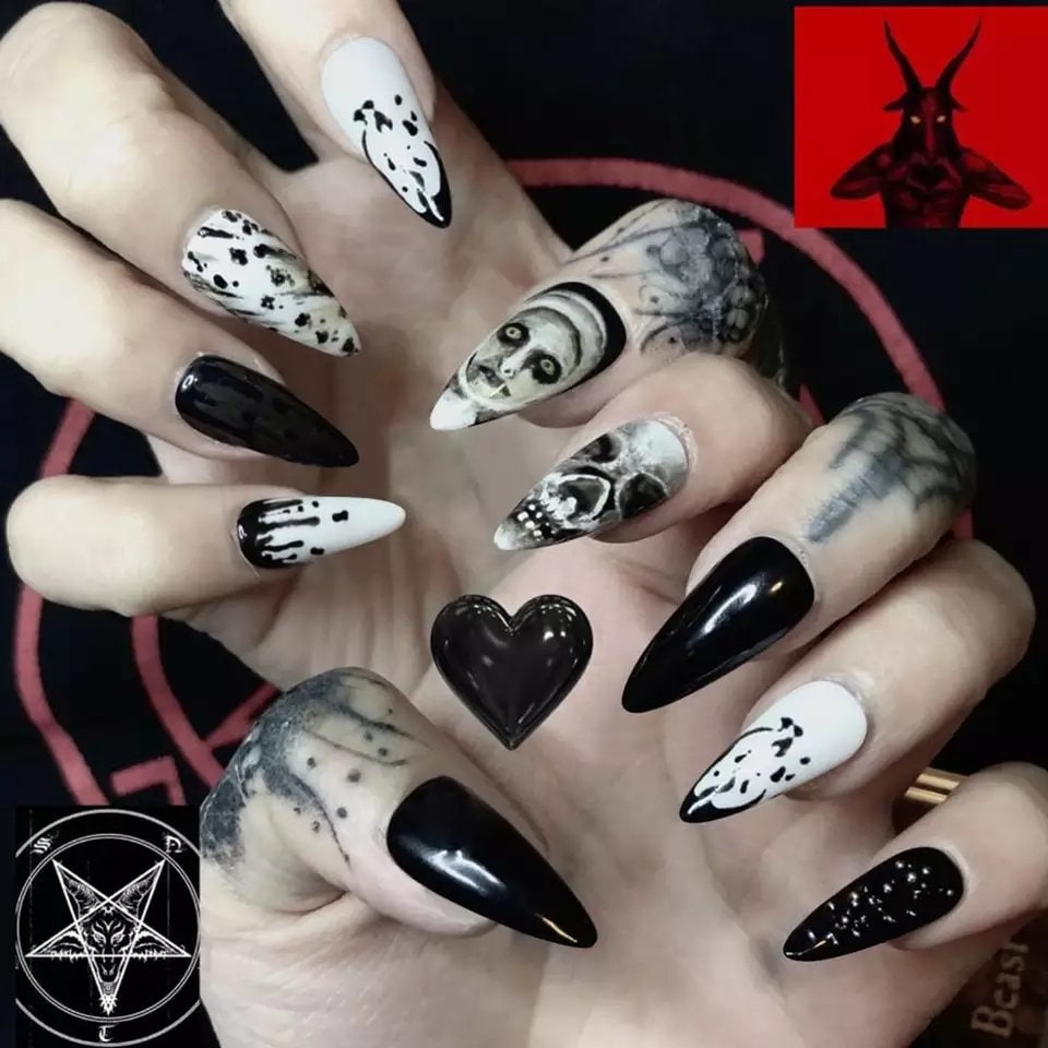 24 Witchy black white stiletto long kiss press on nails kit glue on alt edgy Halloween Horror spooky ghost ghoul nun