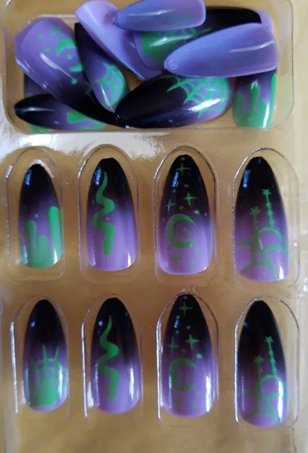 24 Goth Halloween Witchy stiletto Press on nails kit glue on alt edgy Halloween Horror spooky purple green snake graveyard