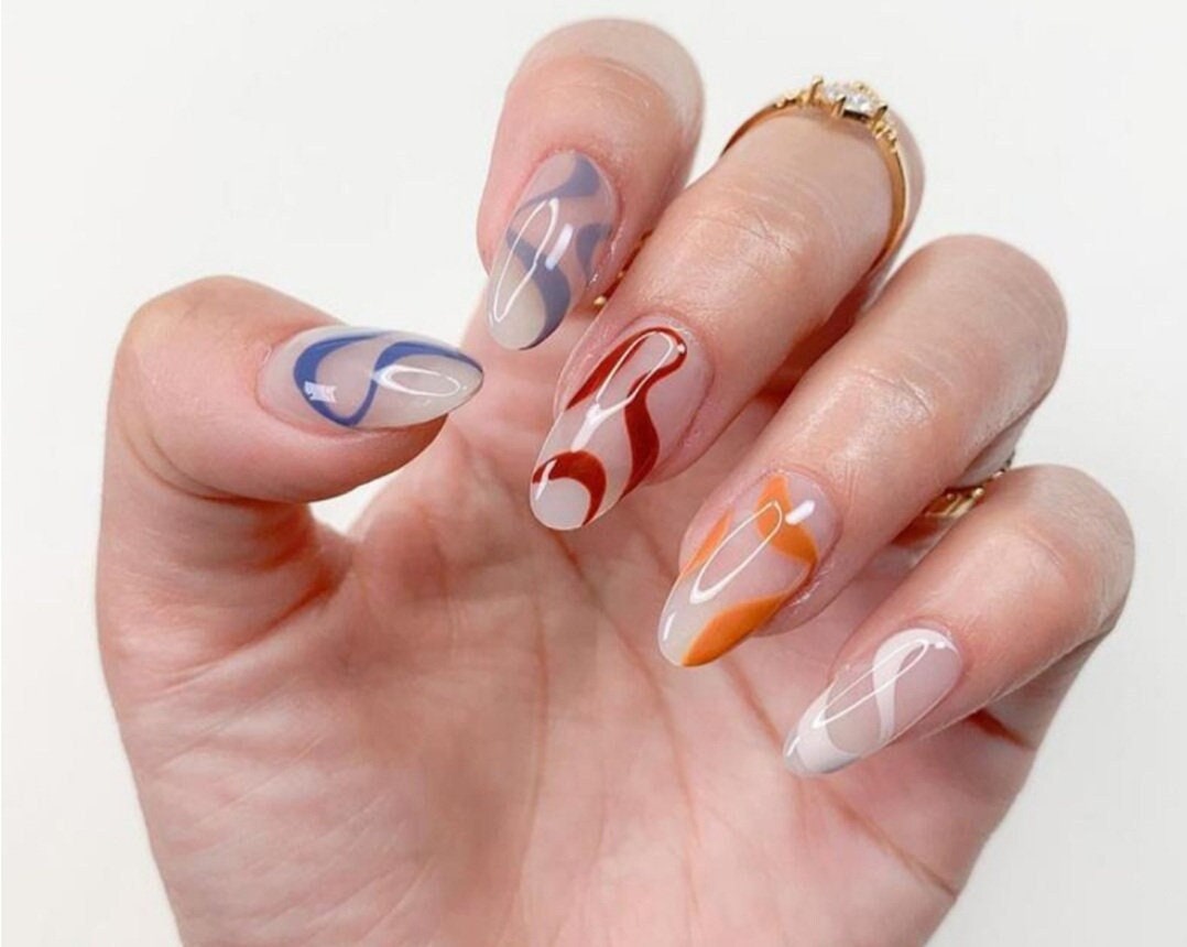 24 Nude Multi color Swirl design Kiss Press on nails glue on medium almond manicure