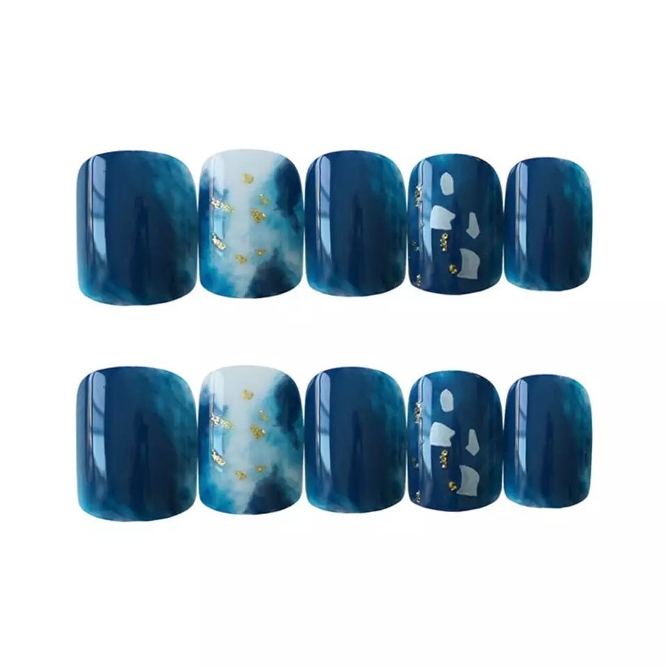 24 water color blue geode natural pour Short Press On Nails kit glue on art stone quartz liquid