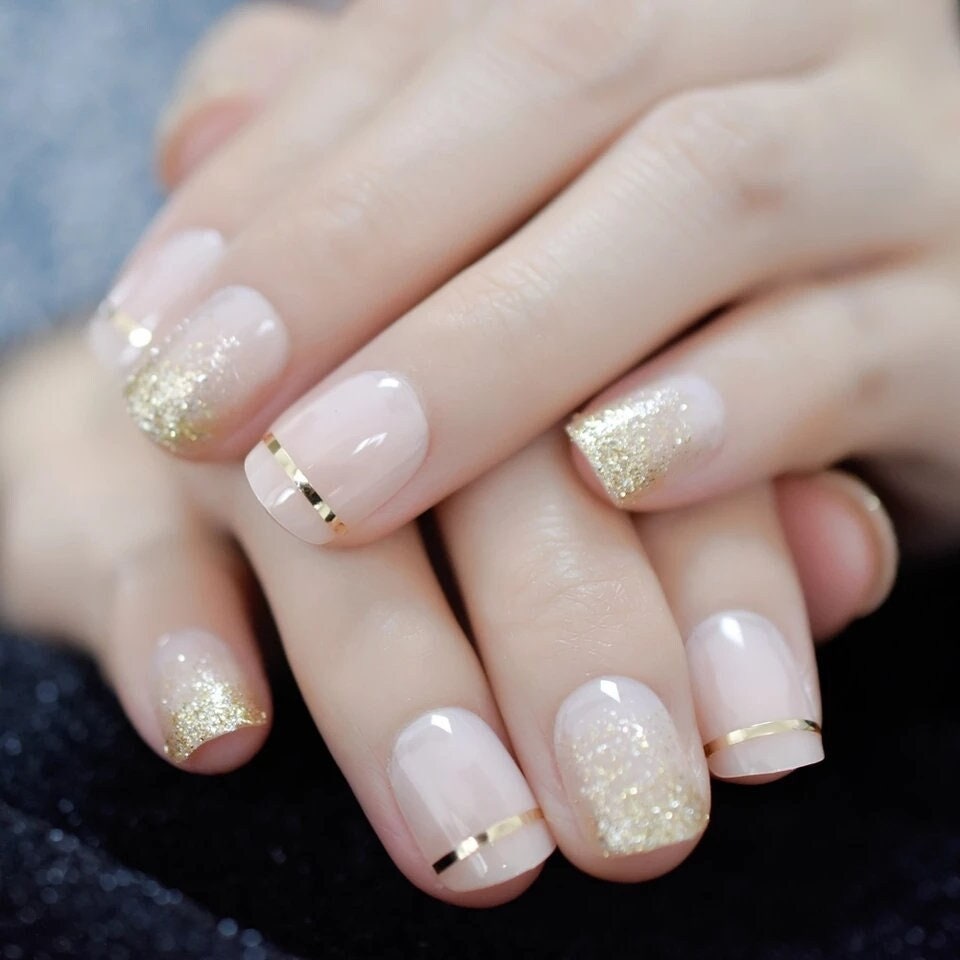 24 Short Nude Press On nails Gold Details Classy Glue on