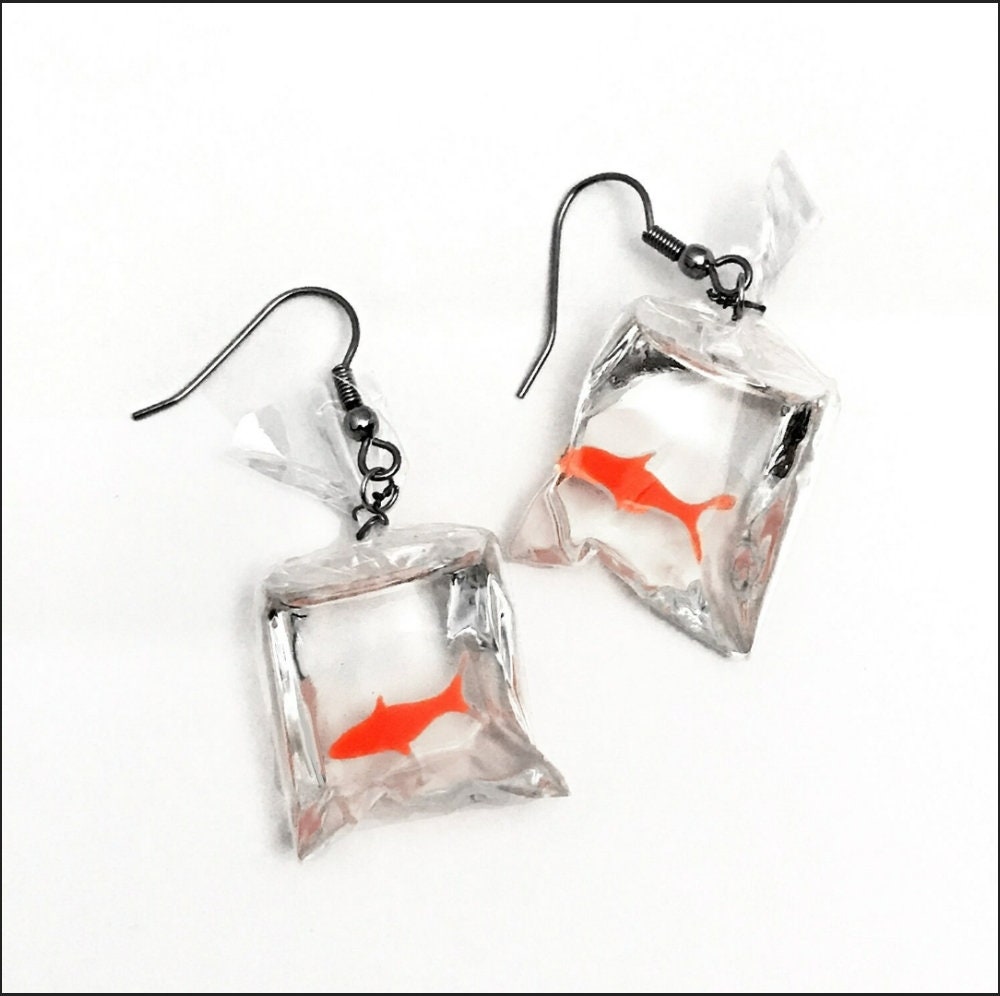 Goldfish Earrings Carnival bag clear Dangle kawaii funny fish bowl clear Jewelry