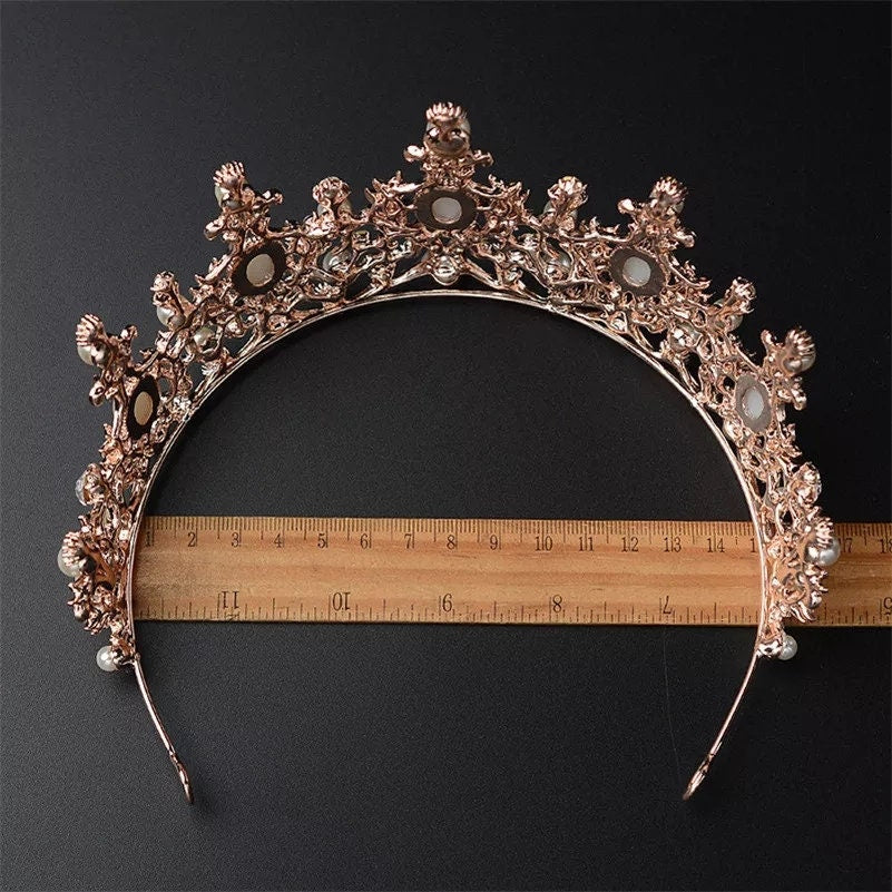 Rose Gold Pearl Tiara Crown Detailed Pink Champagne Pearls Princess Queen headress jewelry bridal Halloween cosplay diadem spike