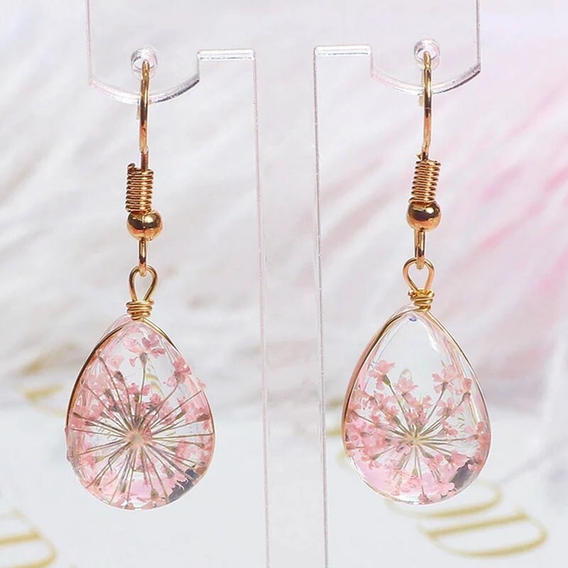 Real dried pressed Flower Earrings white yellow pink green Dangle Drop clear glass resin cottage core Jewelry