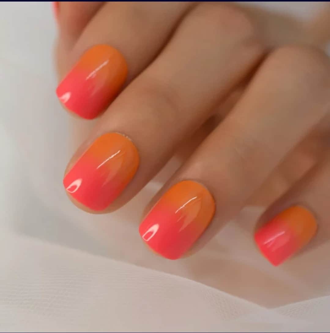 24 Fire Ombre Sunset Bright Orange Pink Neon gel Short Press on nails glue on shiny manicure 2 tone