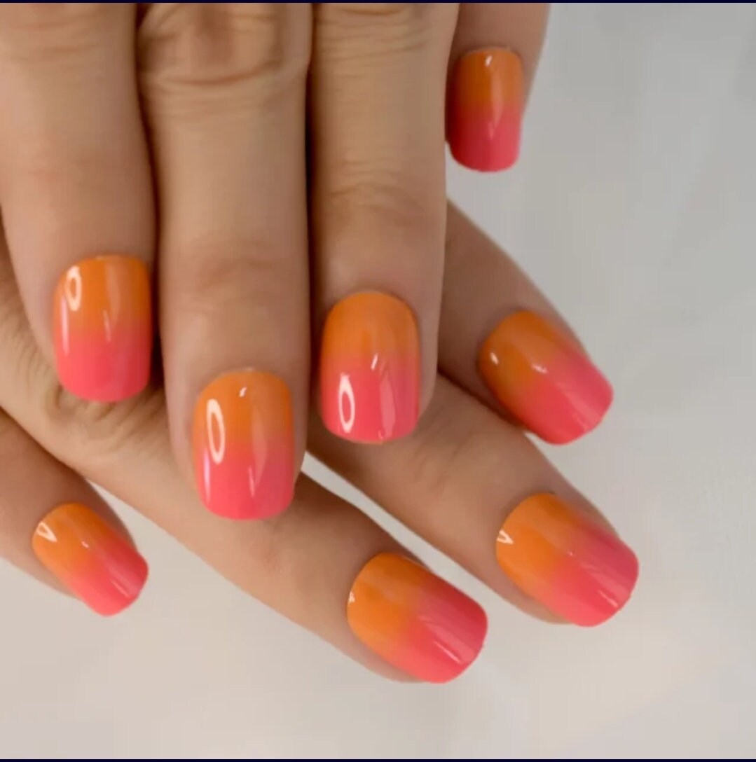 24 Fire Ombre Sunset Bright Orange Pink Neon gel Short Press on nails glue on shiny manicure 2 tone