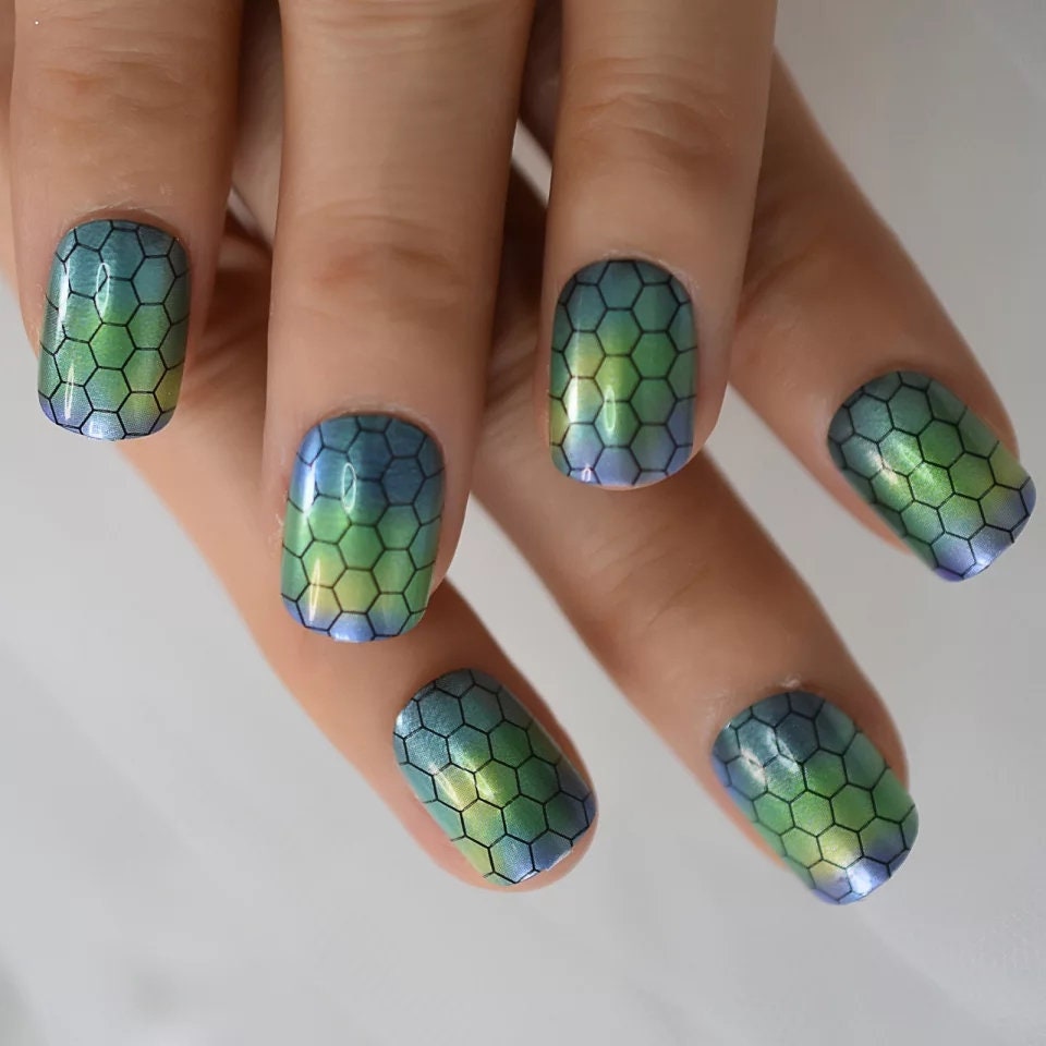 24 Unique Short Press On Nails  Geometric Glue On aqua blue snakeskin honeycomb trendy classic lines ombre green artsy multicolor