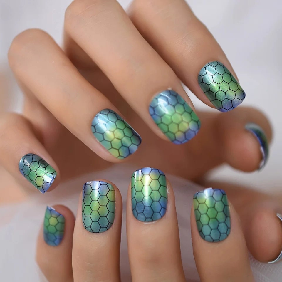 24 Unique Short Press On Nails  Geometric Glue On aqua blue snakeskin honeycomb trendy classic lines ombre green artsy multicolor