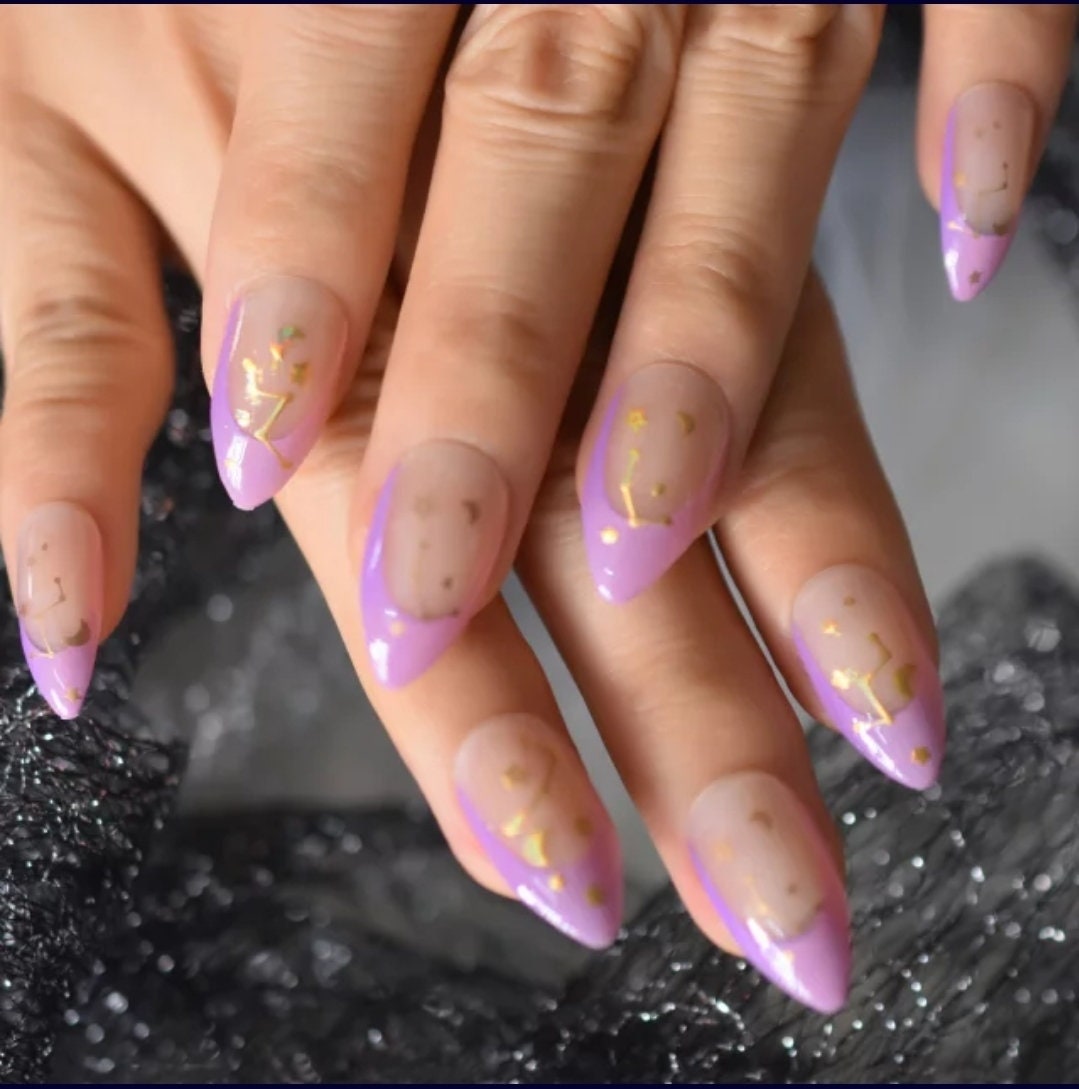 24 Witchy Nude Purple Impress Press on Nails kit glue on Goth celestial moon stars alt edgy glitter clear gold astrology purple