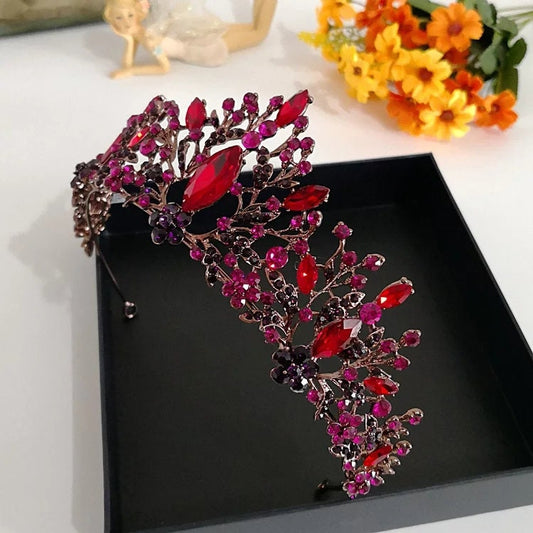 Dark Pomegranate Red Quinceanera Crowns Detailed Princess Queen headdress jewelry 