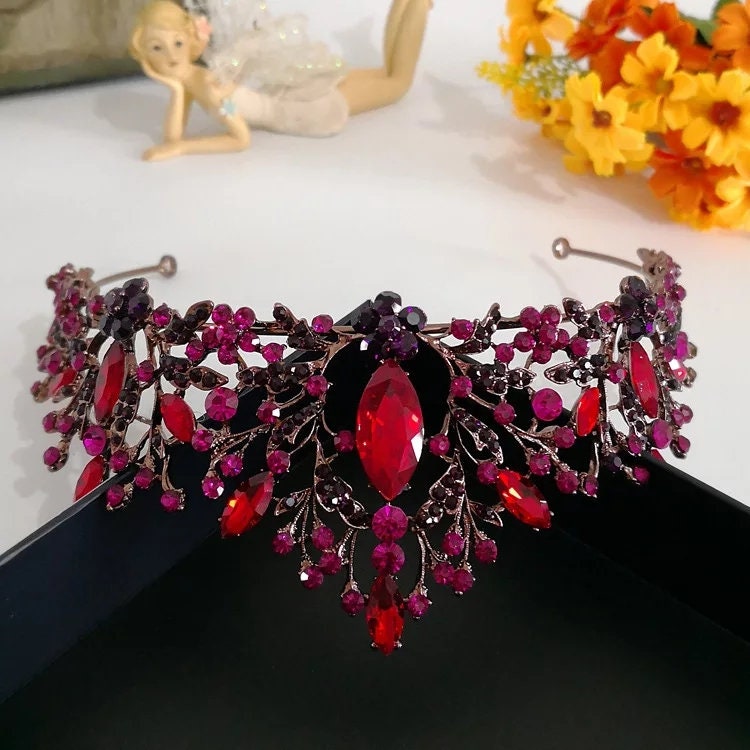 Dark Pomegranate Red Tiara Crown Detailed Princess Queen headress jewelry bridal purple Halloween cosplay diadem goth vampy