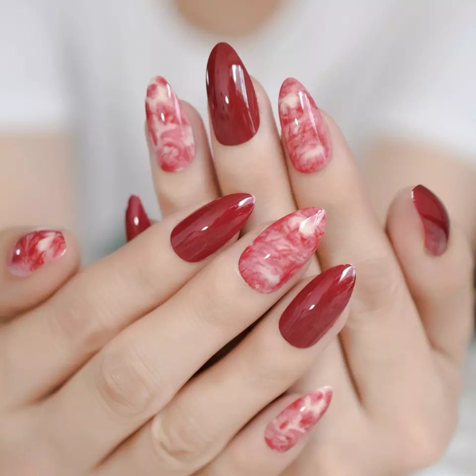 24 Rose Red Marble medium almond Press On Nails kit glue on pointed almond stiletto Multi color 