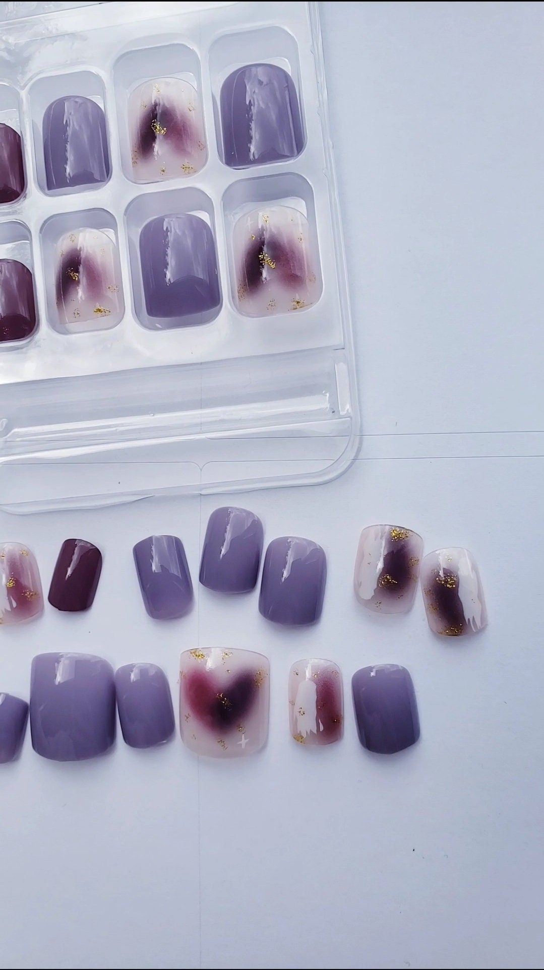 24 Purple Artsy Short Press on Nails Ombre Glitter Clear glue on jelly grape maroon multi color