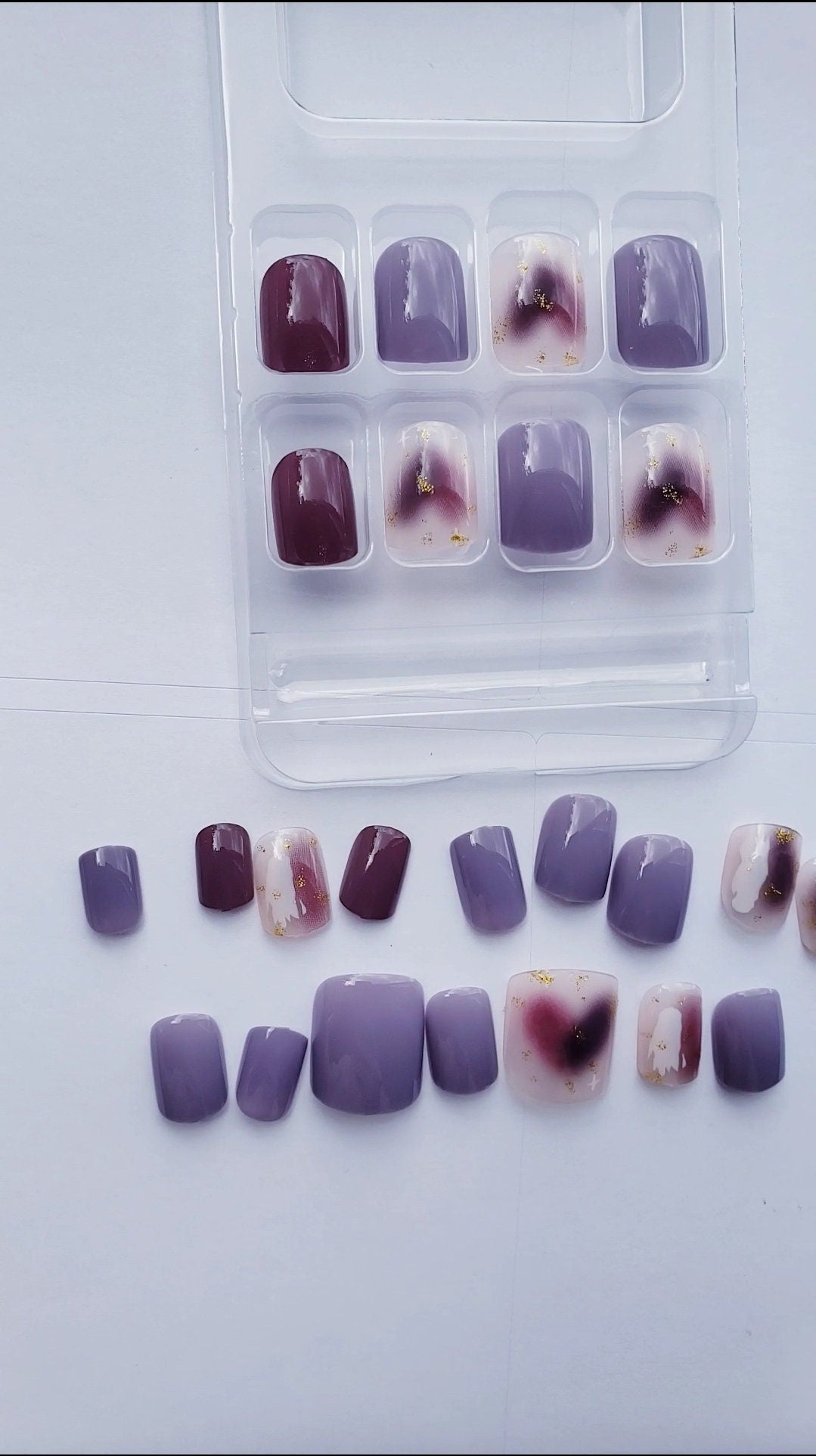 24 Purple Artsy Short Press on Nails Ombre Glitter Clear glue on jelly grape maroon multi color
