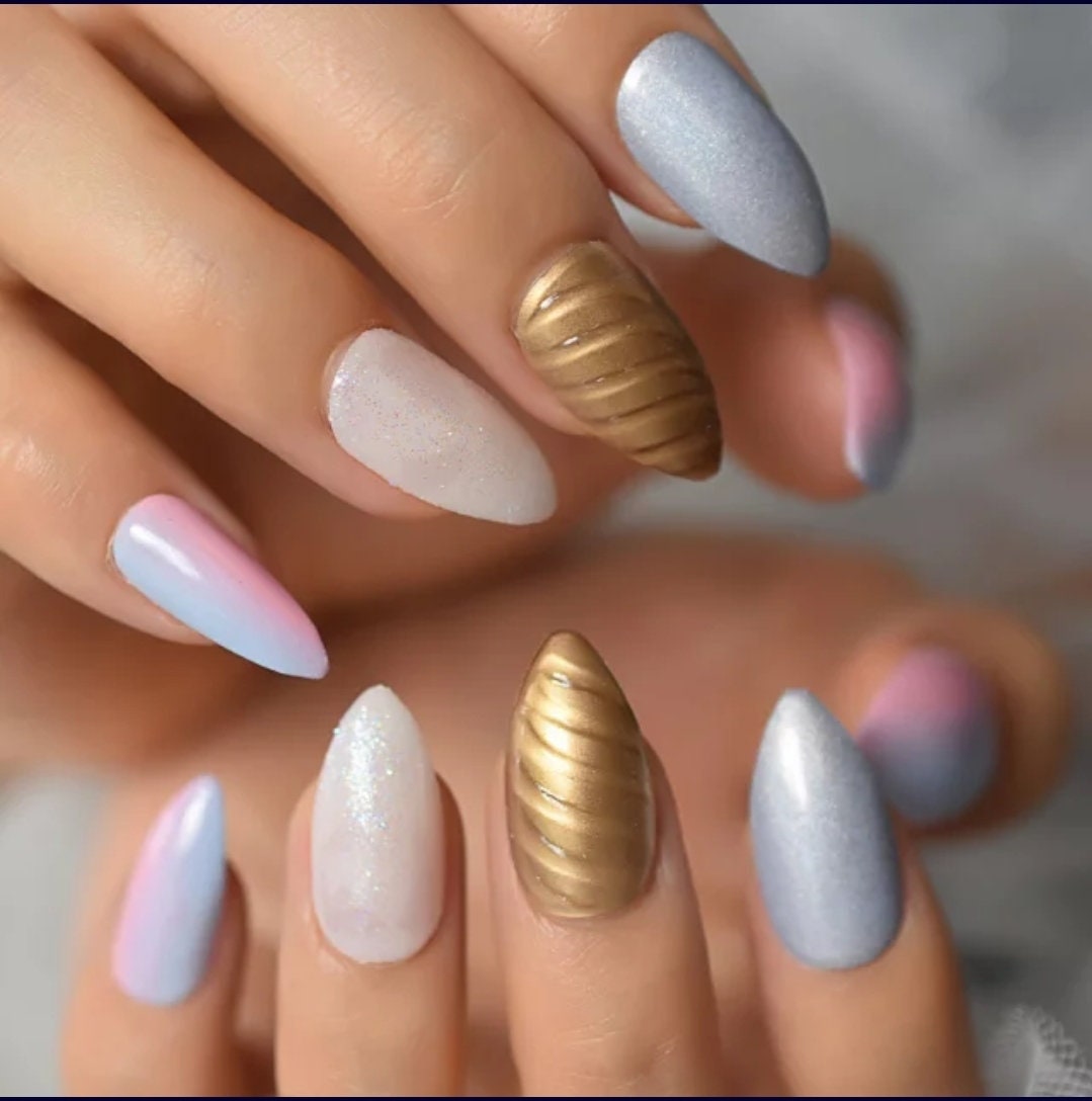 24 Unicorn Ombre Almond Press on nails kit pointed glue on purple pastel gold horn swirl almond kawaii cute unique Multi color 
