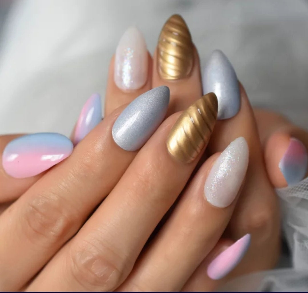 24 Unicorn Ombre Press on nails kit pointed glue on purple pastel gold horn swirl almond kawaii cute unique Multi color multicolor