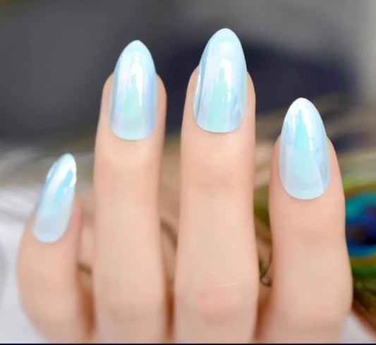 24 Winter Unicorn Icy Long Press on nails holographic baby blue