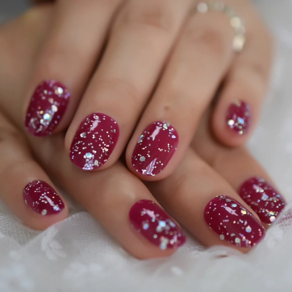 24 pcs Berry Sparkle Glitter Short Press On Nails Almond glue on Holographic red purple burgundy