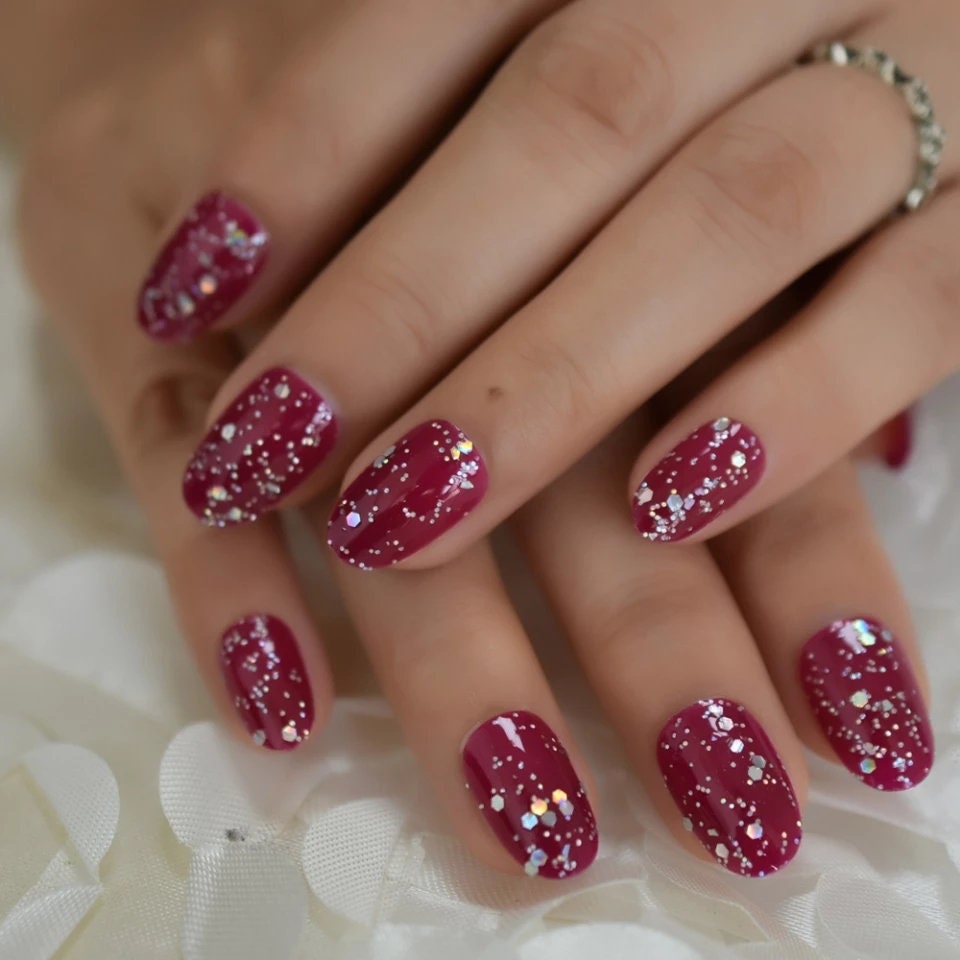 24 pcs Berry Sparkle Glitter Short Press On Nails Almond glue on Holographic red purple burgundy