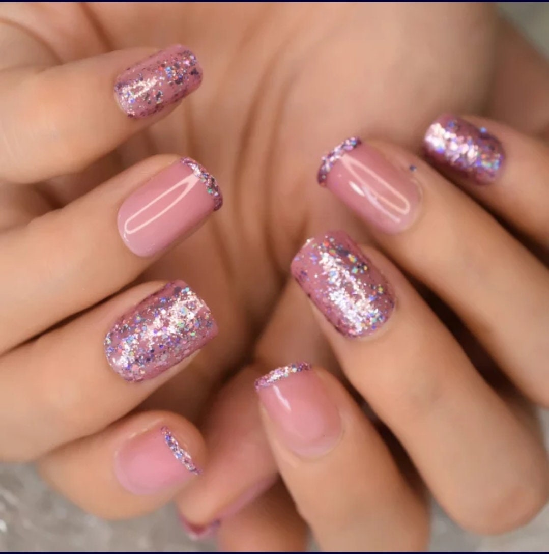 24 Nude Pink Sparkle Glitter Press On Nails Short Medium glue on Holographic pale purple burgundy tip nude natural