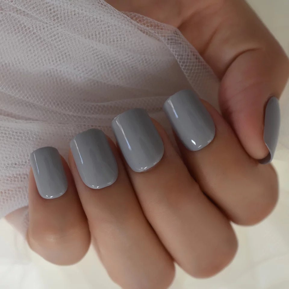 24 Gray Short Press on nails glue on neutral cool grey muted square gel