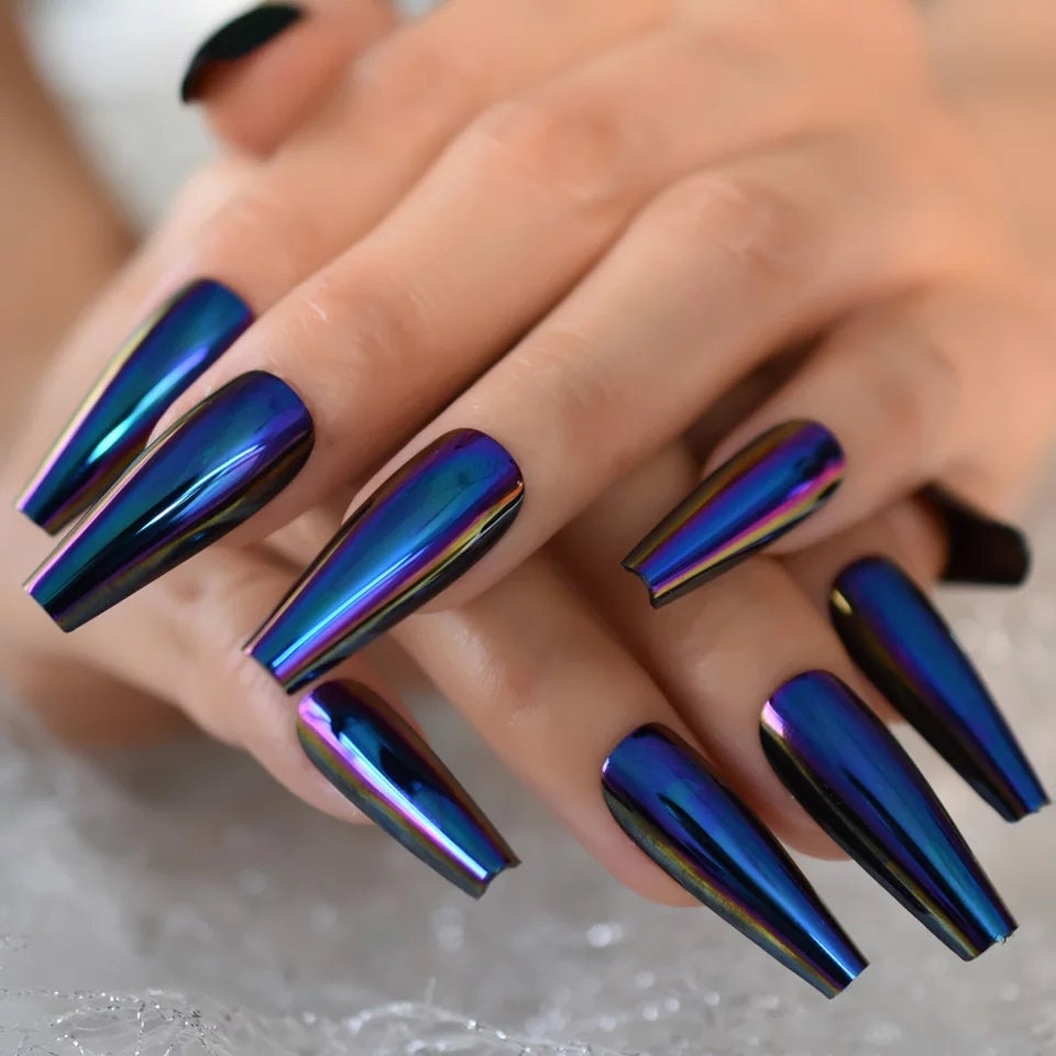 24 Deep Blue Chameleon Chrome Press On Nails Glue on Mirror shiny metallic color changing dark mood witchy