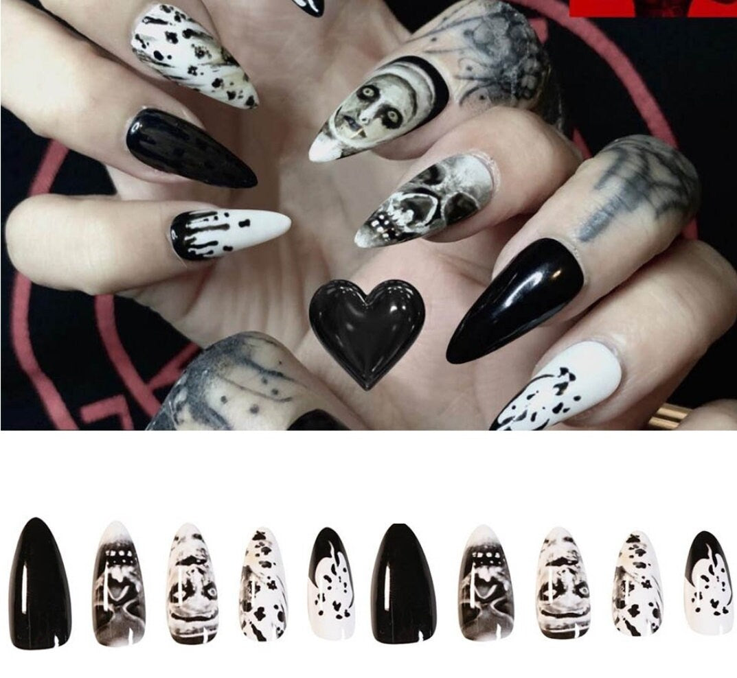 24 Witchy black white stiletto long kiss press on nails kit glue on alt edgy Halloween Horror spooky ghost ghoul nun
