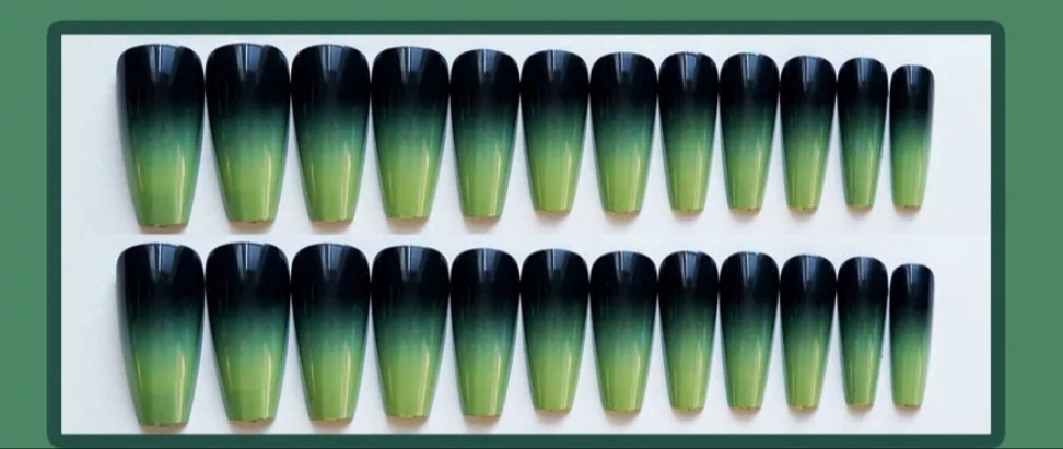 24 Green Ombre Goth Coffin Dark Long Press On nails Glue on Gothic edgy trendy slime bright dark 