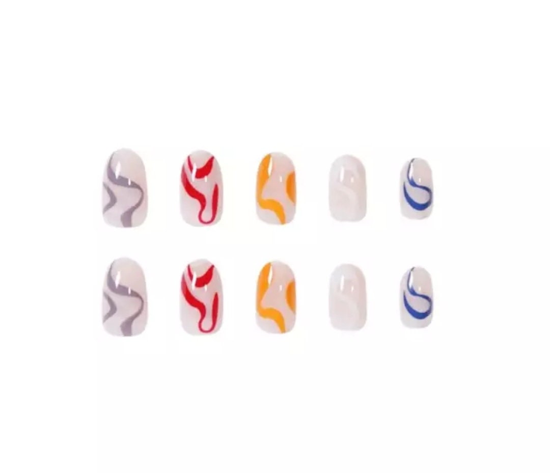 24 Nude Multi color Swirl design Long Press on nails glue on medium almond manicure