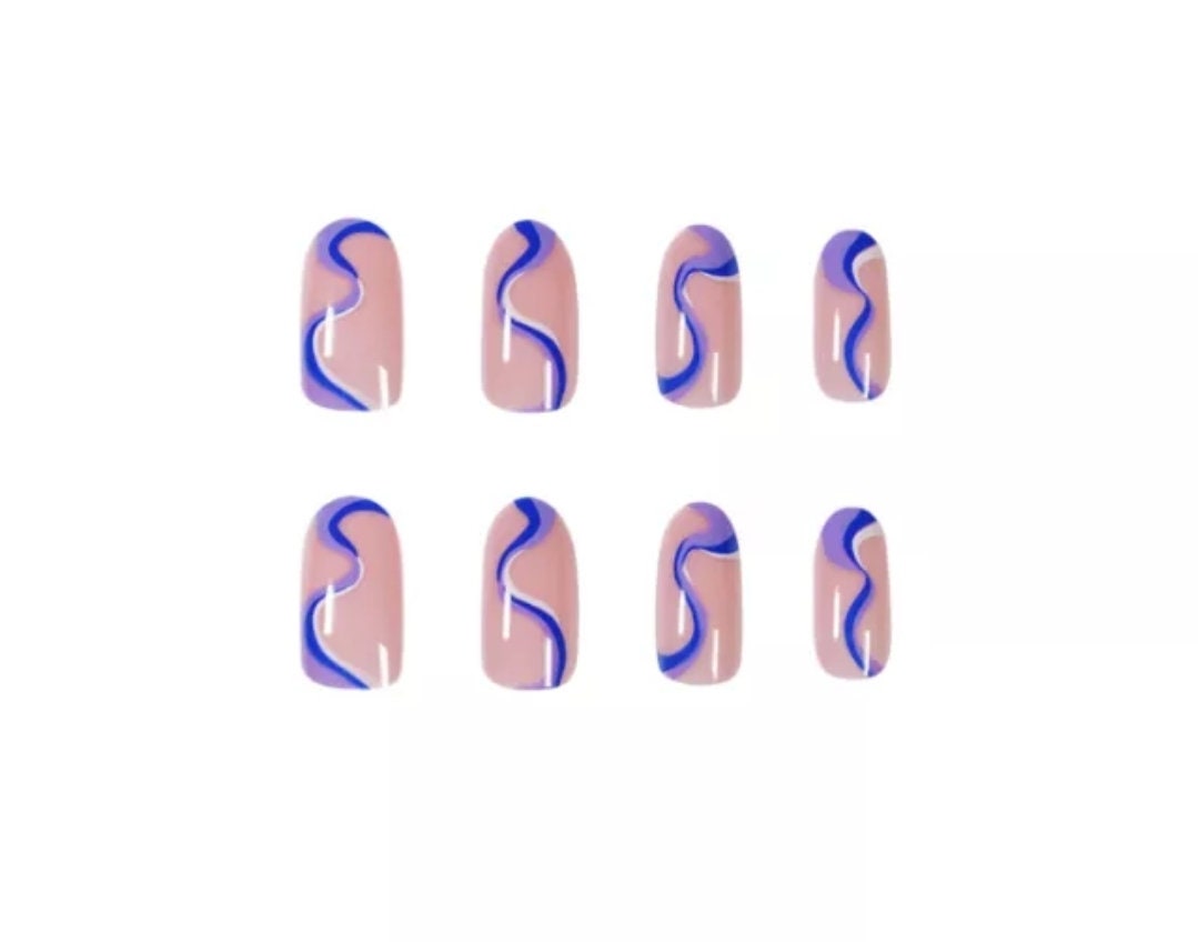 24 Nude Multi color Swirl design Kiss Press on nails glue on medium almond manicure