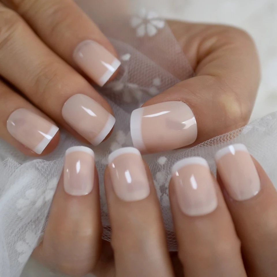24 French Mani Short Press On Nails white tip baby boomer nude natural