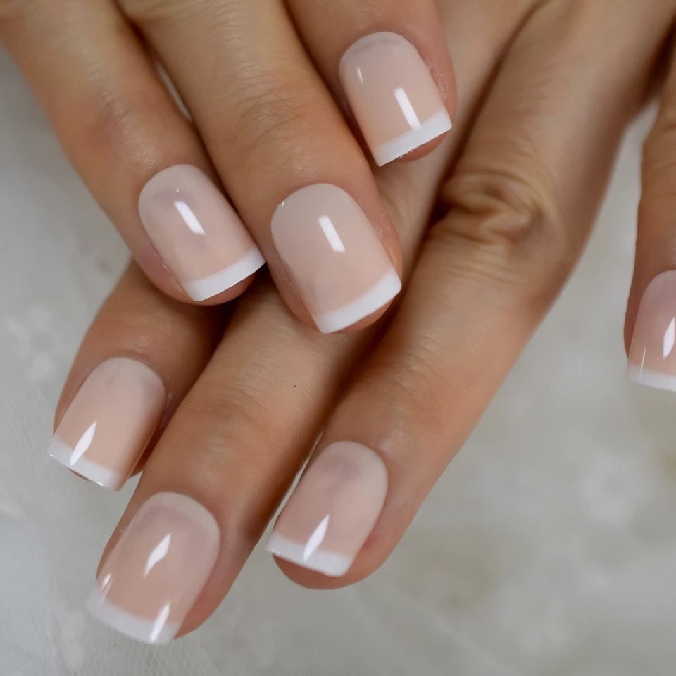 24 Classic French Mani Short Press On Nails white tip baby boomer nude natural