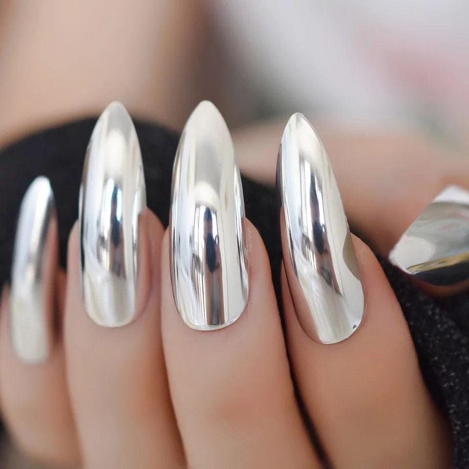 24 Silver Chrome Press On Nails Glue on Mirror shiny metallic extra ling stiletto claws