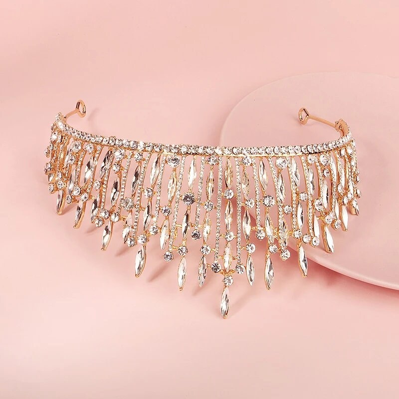 Bridal Gold Crystal Tiara Crown Detail Princess Queen headdress 