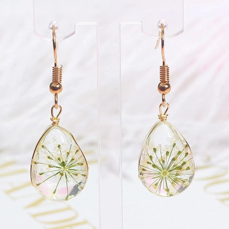 Real dried pressed Flower Earrings white yellow pink green Dangle Drop clear glass resin cottage core Jewelry