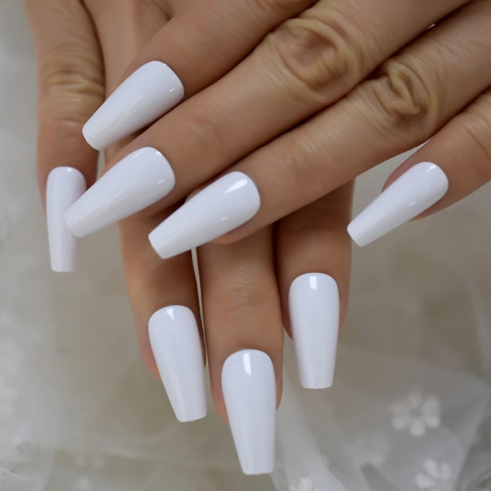 24 Long Coffin White Press on nails glue on strong glossy