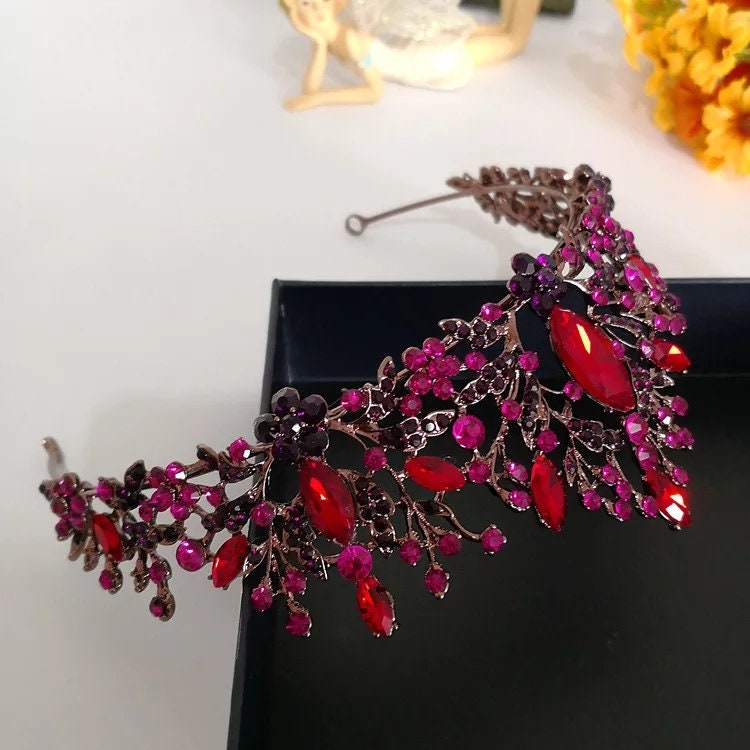 Dark Pomegranate Red Tiara Crown Detailed Princess Queen headress jewelry bridal purple Halloween cosplay diadem goth vampy
