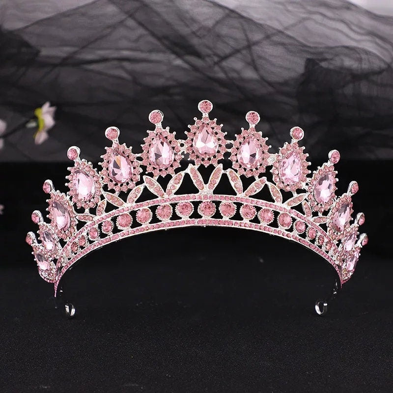 Pink Silver Tiara Crown Detailed rose gold Princess Queen headress jewelry bridal Halloween cosplay diadem spike