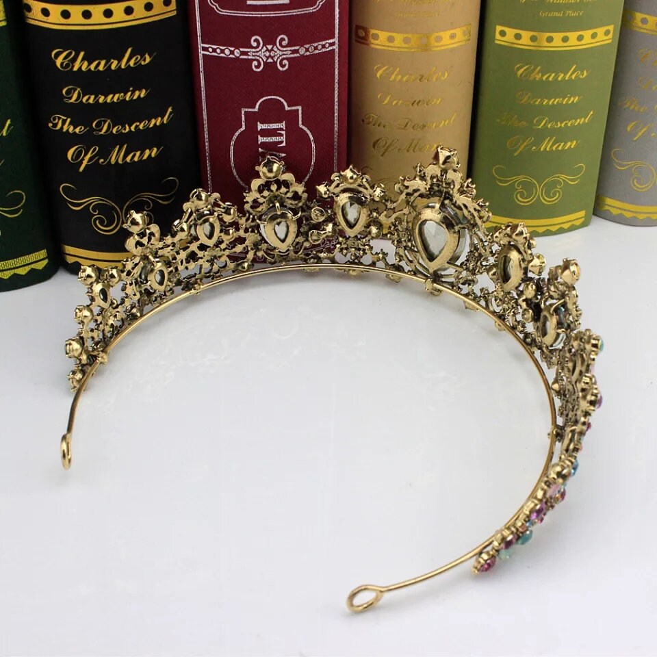 Vintage Baroque  Dark multi color Quinceanera Crowns Goth Purple aqua Queen tall diadem