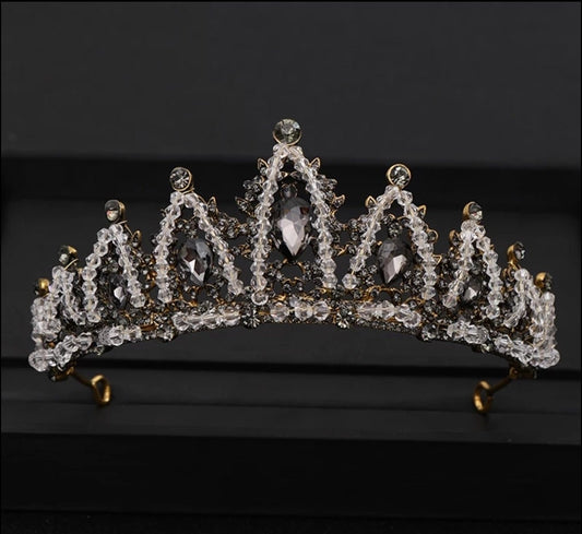 Vintage Baroque Black Crown Tiara Goth Dark Evil Queen diadem headress jewelry bridal Halloween cosplay Wedding pageant royalty