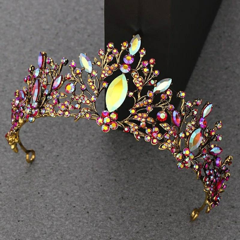 Holographic red multi color Tiara Crown Detailed Princess Queen headress jewelry bridal Halloween cosplay diadem oil slick chameleon