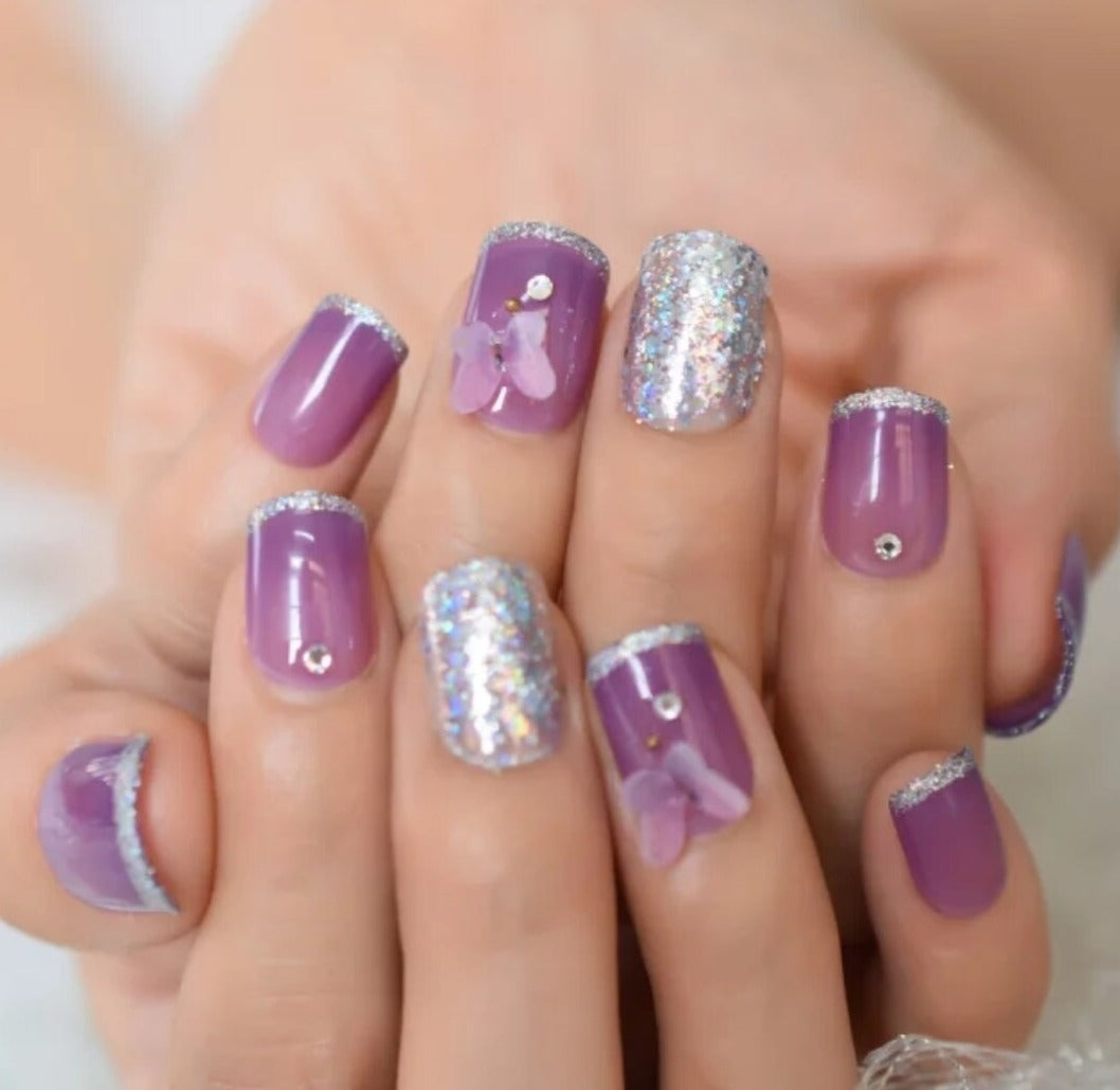 24 pcs Butterfly Short Press on Nails Purple Silver Sparkle Glitter glue on Holographic pale purple