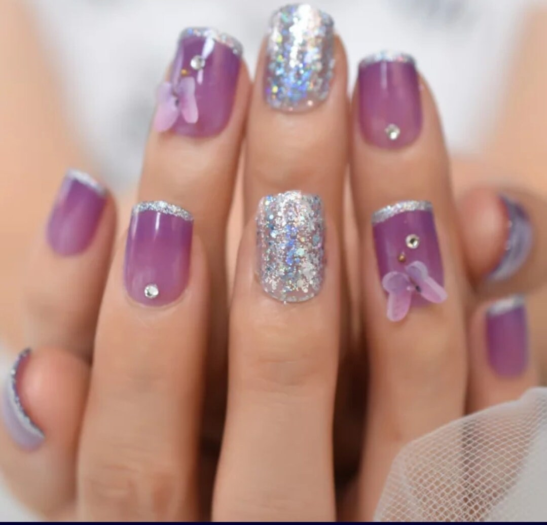 24 Butterly Press on Nails Purple Silver Sparkle Glitter Short Medium glue on Holographic pale purple burgundy tip nude natural