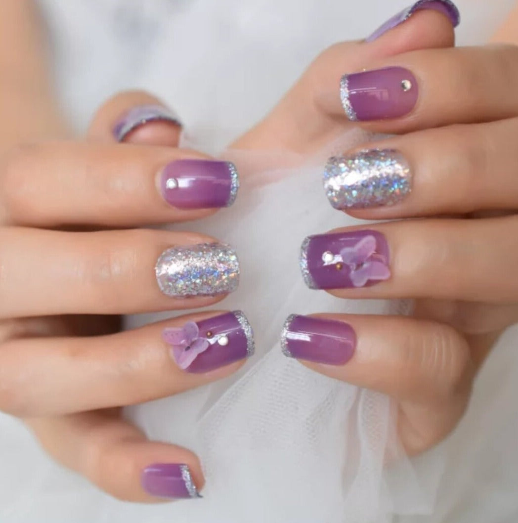 24 pcs Butterfly Short Press on Nails Purple Silver Sparkle Glitter glue on Holographic pale purple