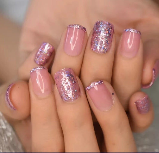 24 Nude Pink Sparkle Glitter Short Press On Nails glue on Holographic pale purple tip nude natural