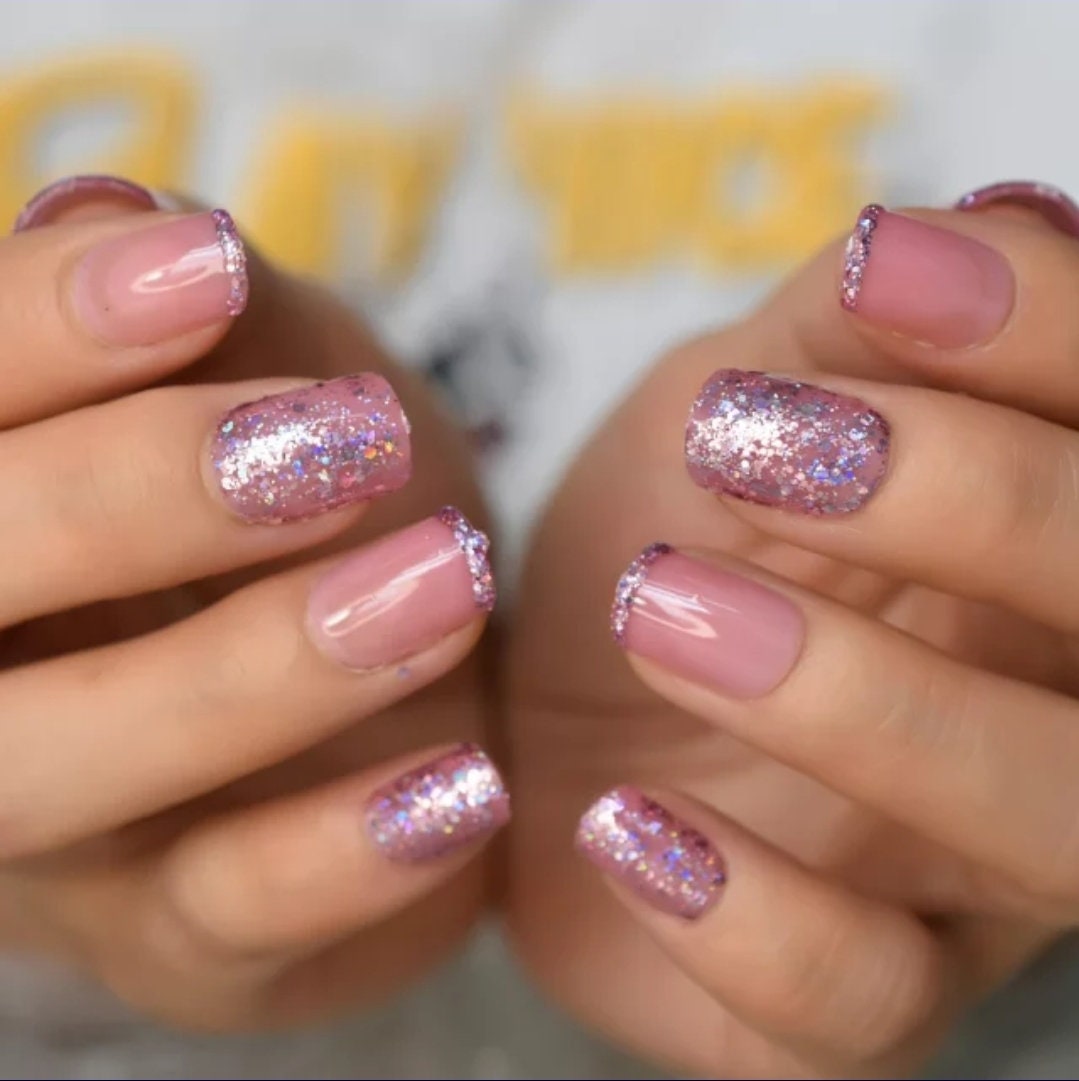 24 Nude Pink Sparkle Glitter Short Press On Nails glue on Holographic pale purple tip nude natural
