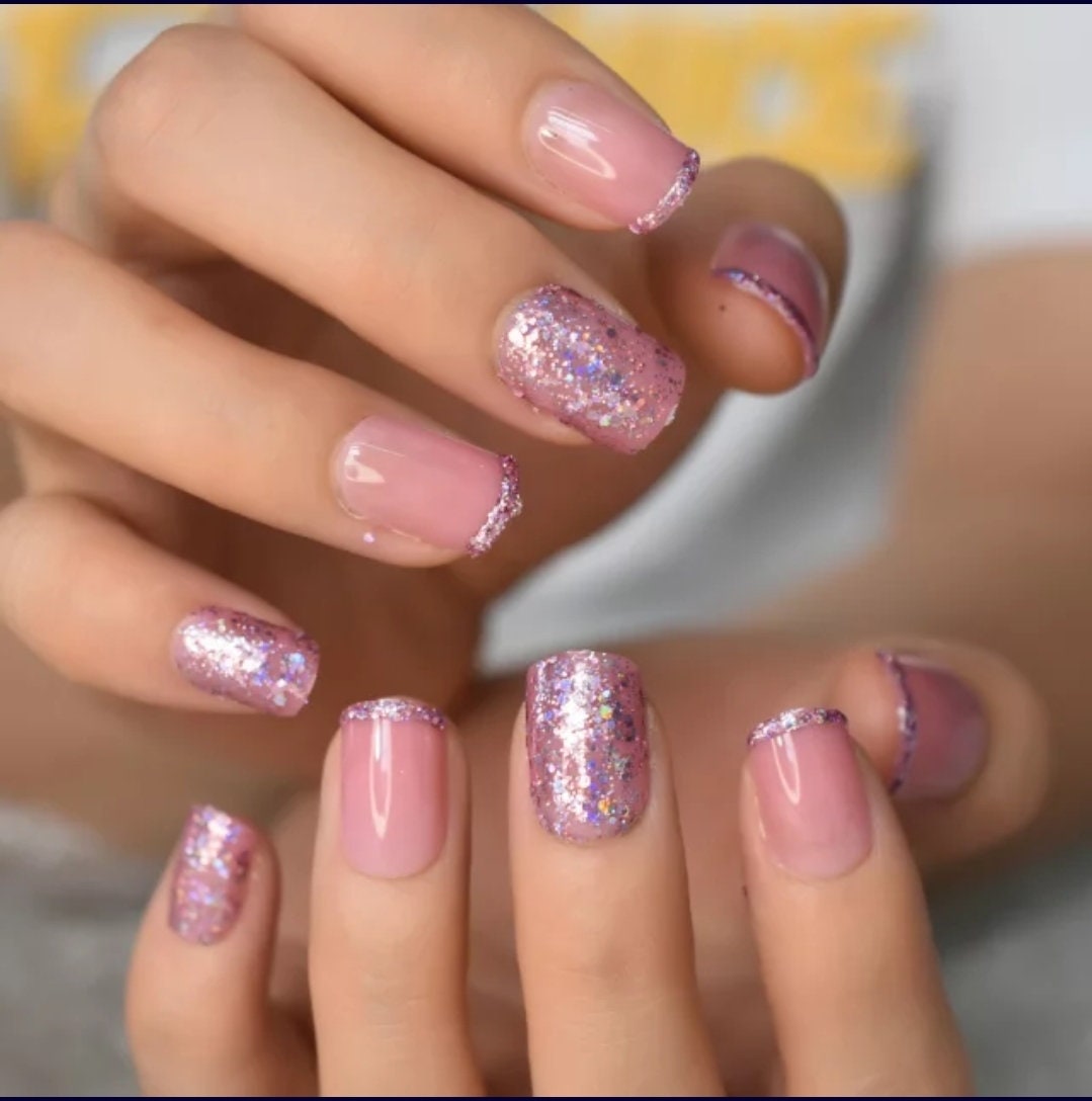 24 Nude Pink Sparkle Glitter Short Press On Nails glue on Holographic pale purple tip nude natural