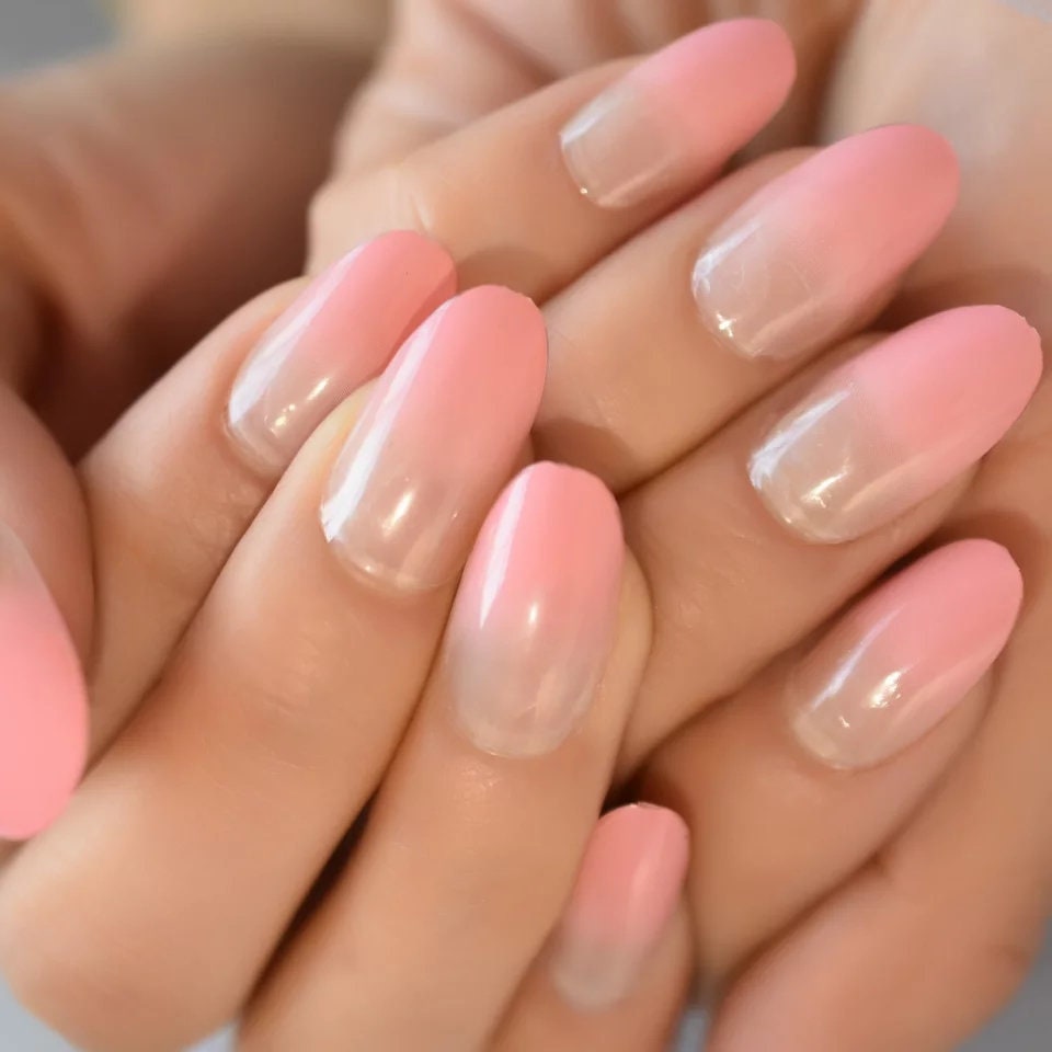 24 Rose Red Ombre Long Press On Nails nude Medium Almond French tip glue on natural nude