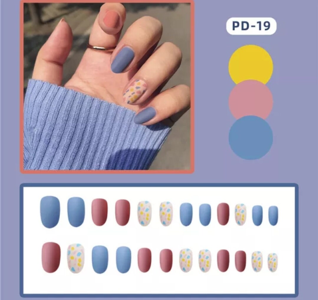 24 Matte multi color Short Press On Nails Glue on blue mauve nude muted kawaii cute