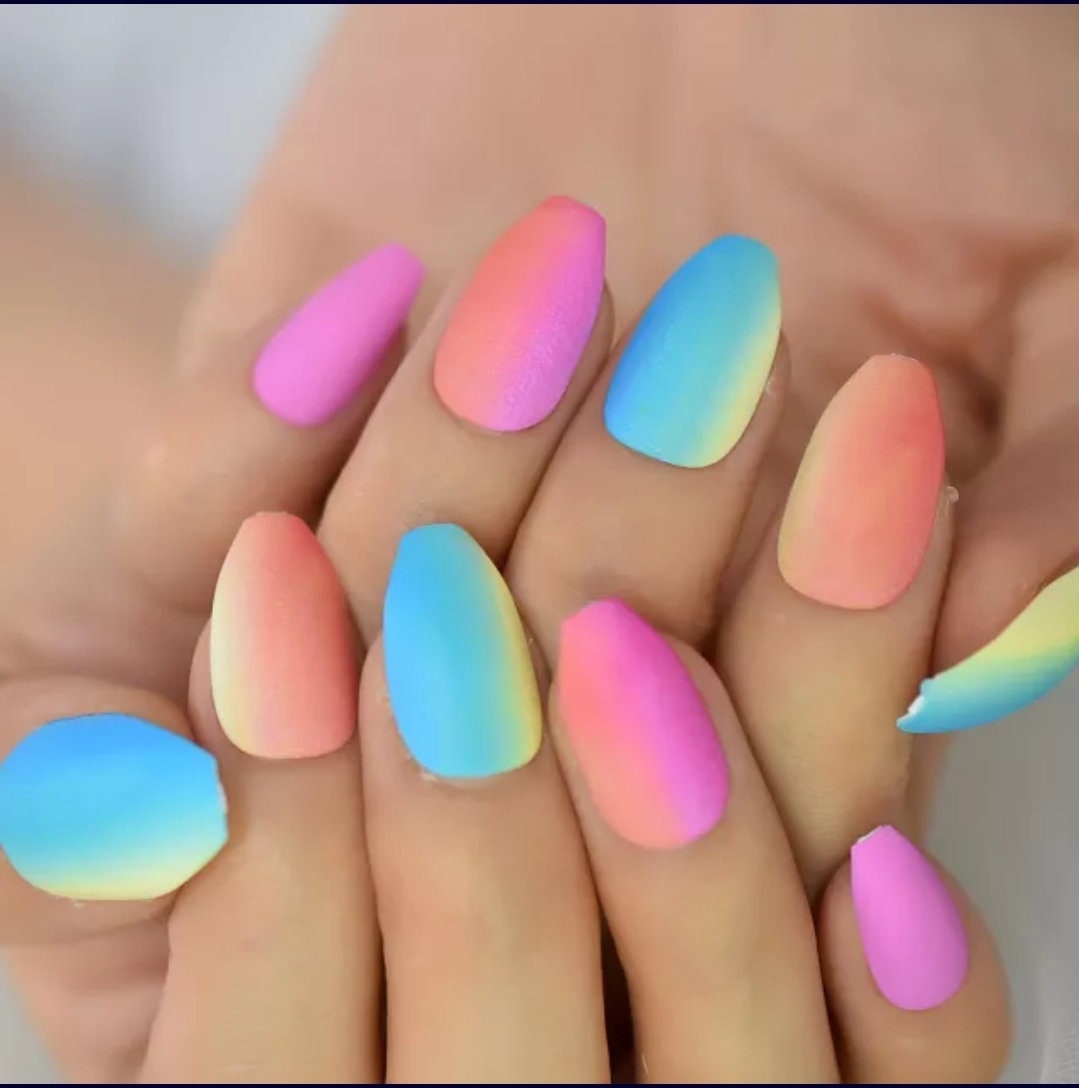 24 pcs Candy Rainbow Matte Ombre Long Press on nails glue on kit kawaii cute Multicolor medium coffin bright neon